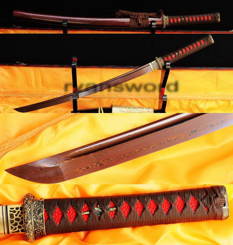 Hand Forged Red Damscus Folded Steel Japanese Samurai Wakizashi Sword